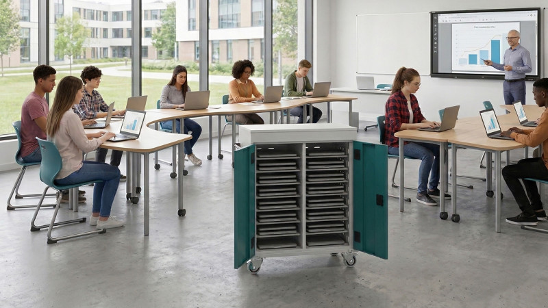 Wózek na laptopy WNL+ Malow w nowoczesnej sali lekcyjnej podczas zajęć z uczniami